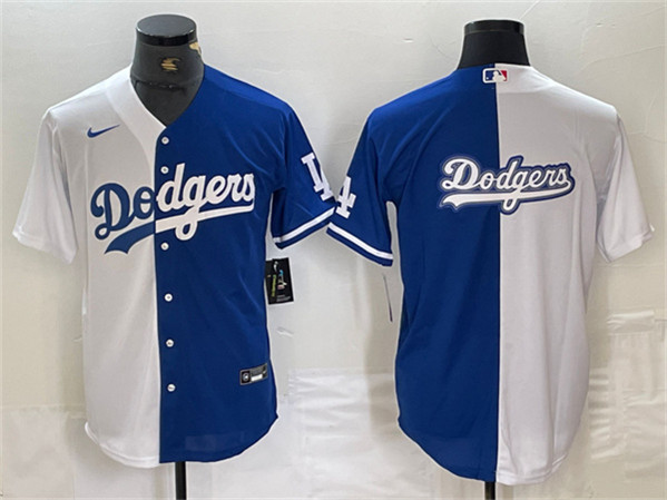 Los Angeles Dodgers Team Big Logo White Blue Split Cool Base Stitched Jersey - Click Image to Close